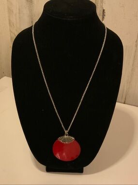Red Disc Pendant Necklace - Women's Silver Chain